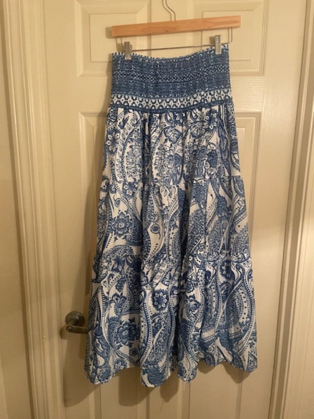 Blue White Paisley Boho Maxi Skirt Smocked Waist Flowy